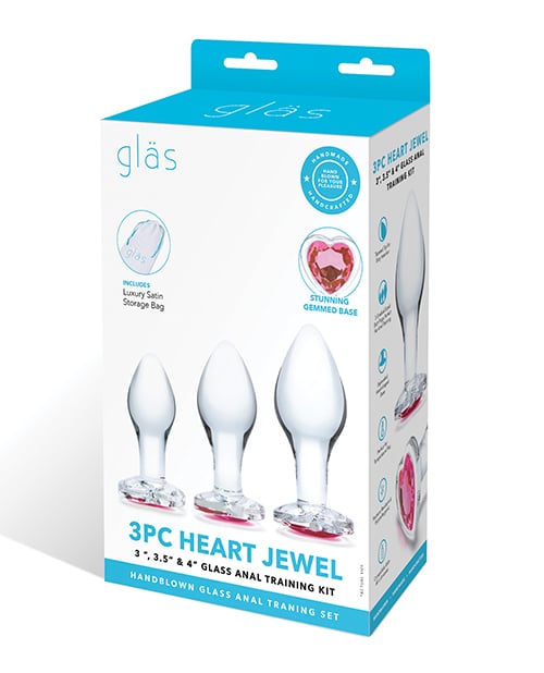 Glas - Heart Jewel Three Piece Glass Anal Plug Training Set (Clear) GL1049 CherryAffairs