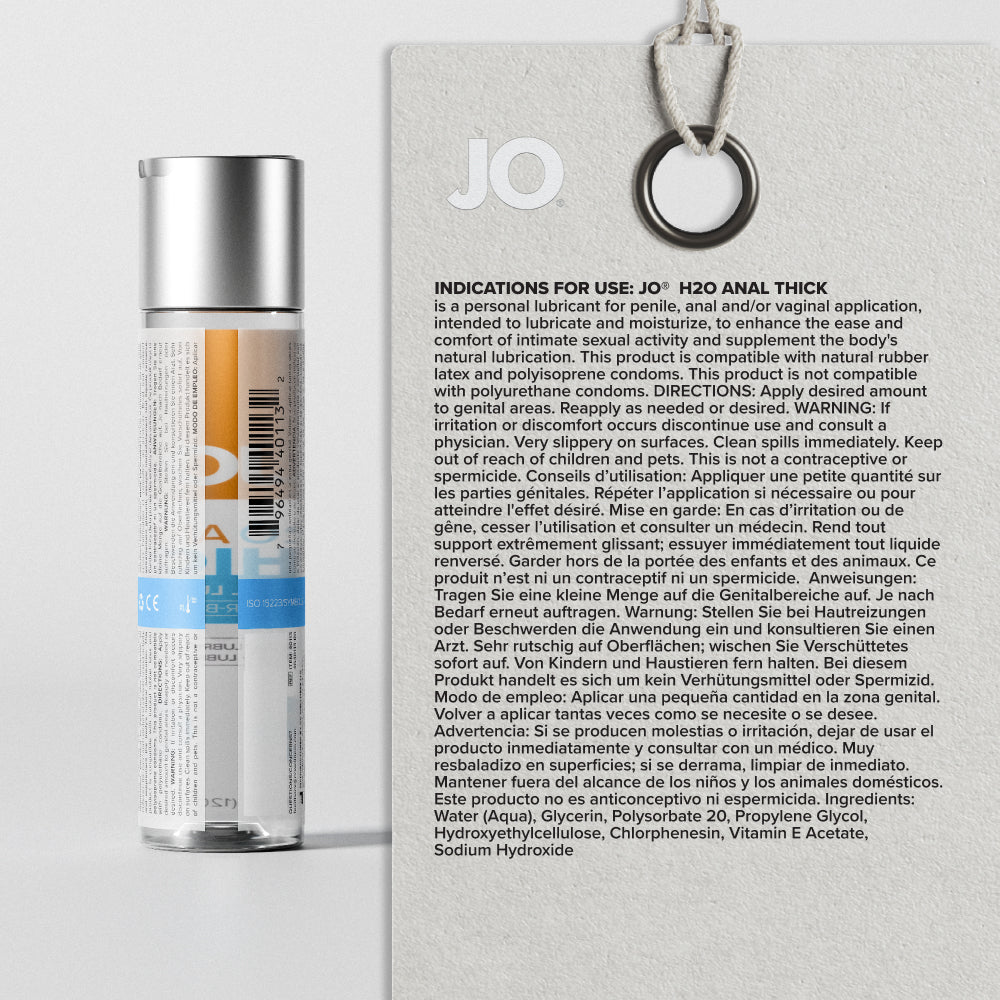 JO H2O Anal Thick Original 120ml back label, directions and ingredients