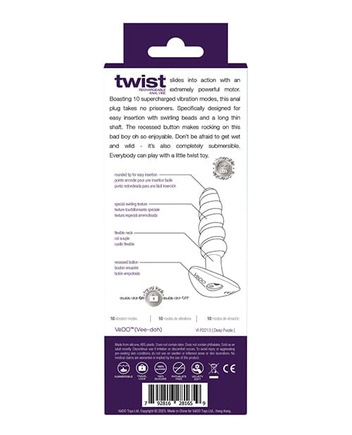 VeDO - Twist Rechargeable Vibrating Anal Plug (Purple) VD1153 CherryAffairs