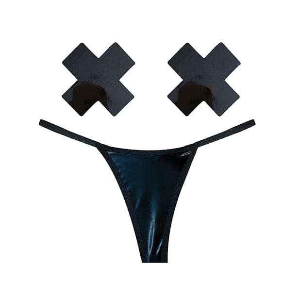 Neva Nude - Naughty Knix Dom Squad Wet Vinyl G String and Pasties Nipple Covers Set O/S (Black) Nipple Covers