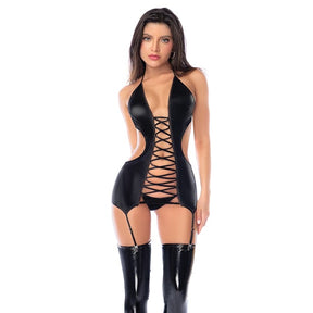 Mapale - Wet Look Lace Up Halter Tie Attached Garter Straps 2 pc Set (Black) CherryAffairs