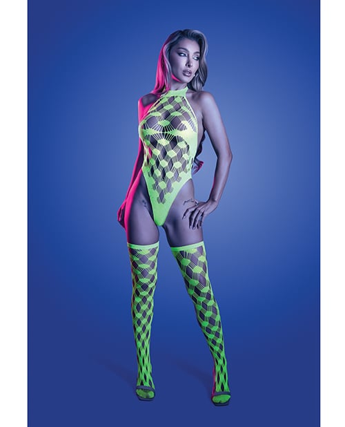 Fantasy Lingerie - ชุดเท็ดดี้ตาข่ายประดับไรน์สโตน Adrenaline (สีเขียวนีออน)