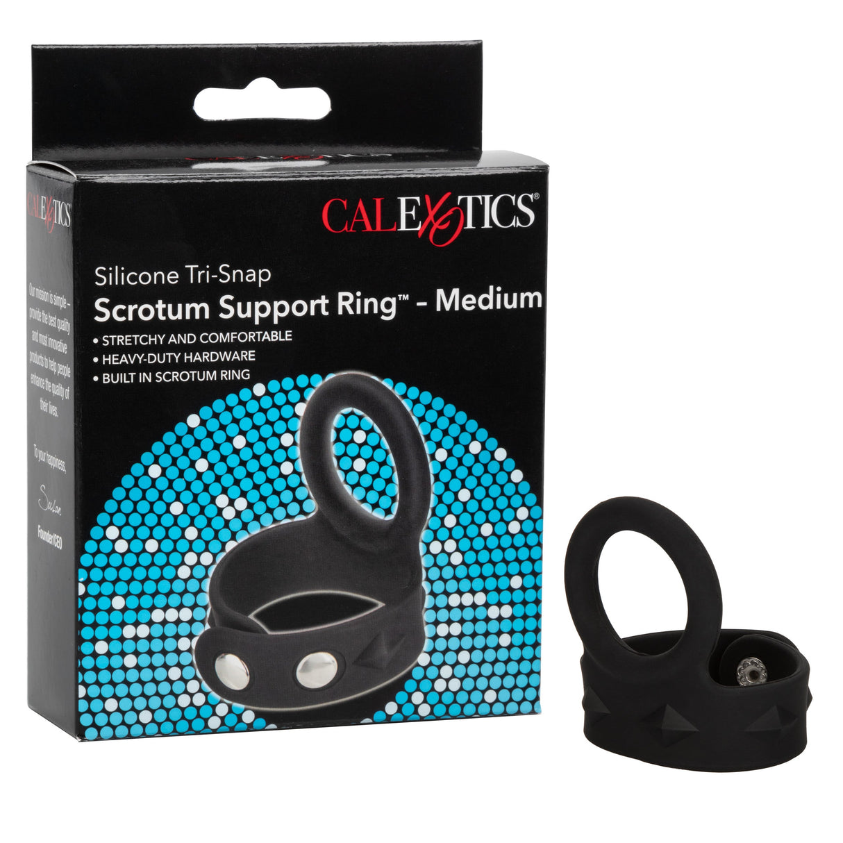 CalExotics - Silicone Tri-Snap Scrotum Support Cock Ring (Black) – product view 7