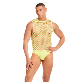 Rene Rofe - Rainbow Party Full Effect Large Mesh Unitard 2 pc Set with Thong (Yellow) RR1654 CherryAffairs