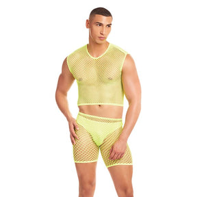 Rene Rofe - Rainbow Party Net Bula Large Mesh Long Brief 3 pc Set with Thong (Yellow) CherryAffairs