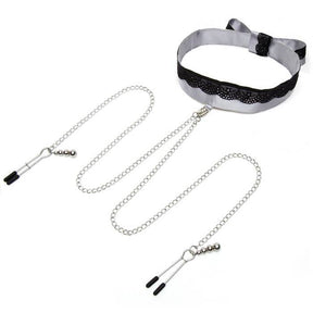 Fifty Shades of Grey - Play Nice Satin & Lace Collar & Nipple Clamps (Grey) FSG1153 CherryAffairs